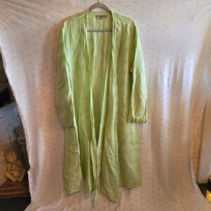 Flax Light Green Plaid Women's Duster Cardigan Size L 100% Linen
